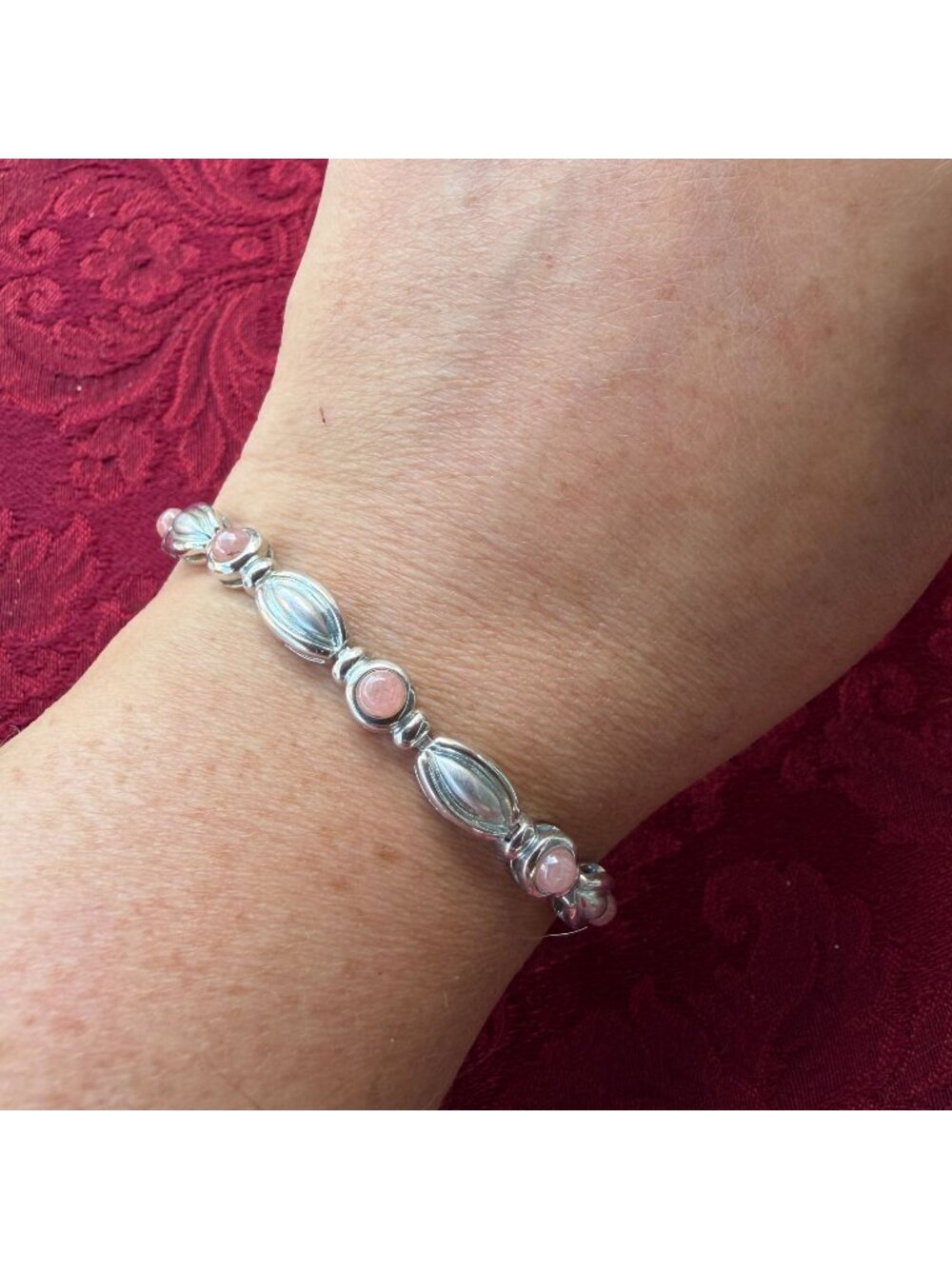 Vintage 925 Sterling Silver Rose Quartz Cabochon Fluted Melon Bead Link Bracelet
